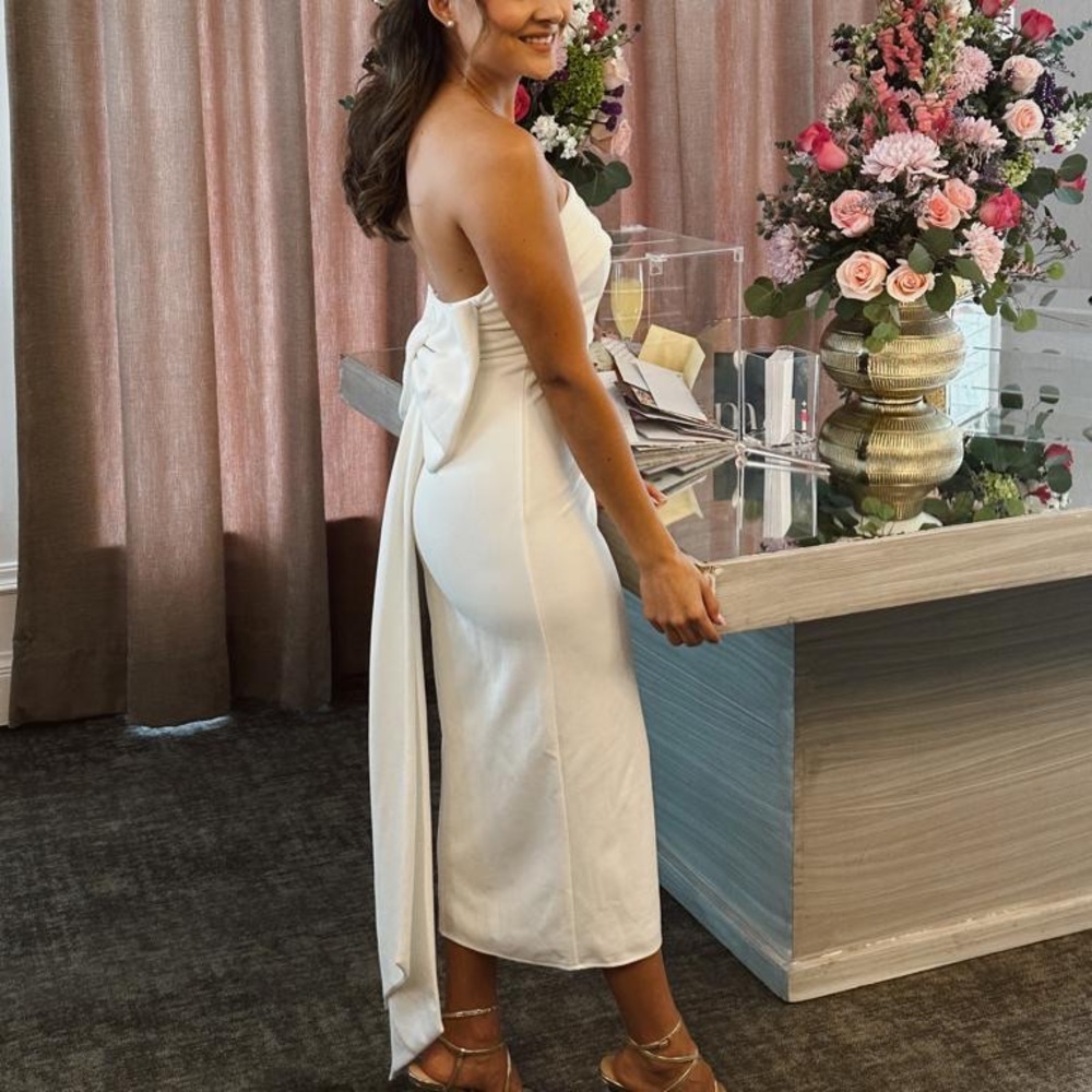 White Strapless Bow Midi Dress